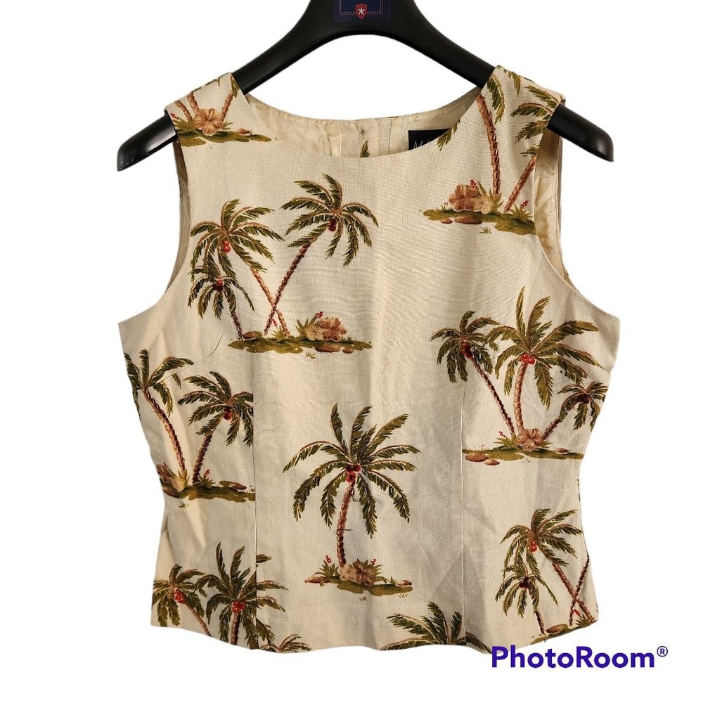 M.H.M. Sleeveless Top Size 12P Melissa Harper Beige Palm Trees Embellished New